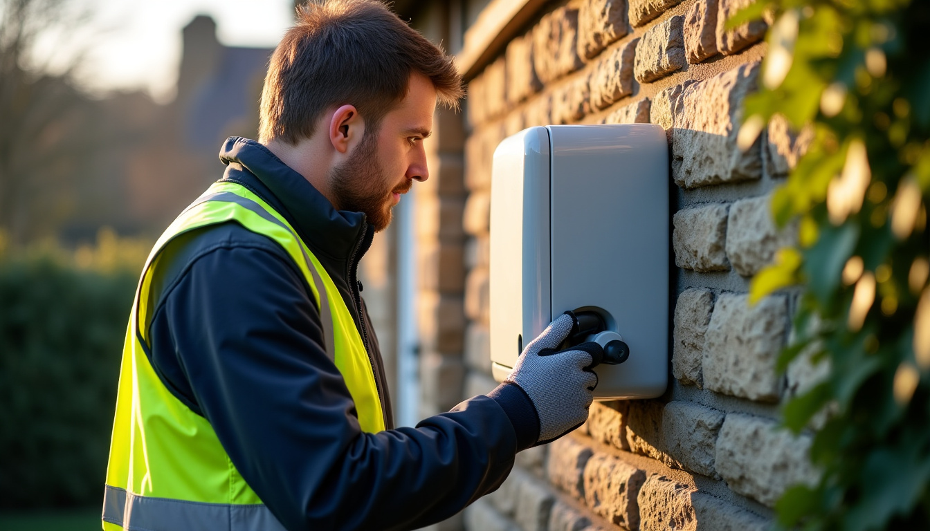 Un électricien certifié IRVE en train d’installer une borne de recharge sur un mur extérieur à Caulnes
