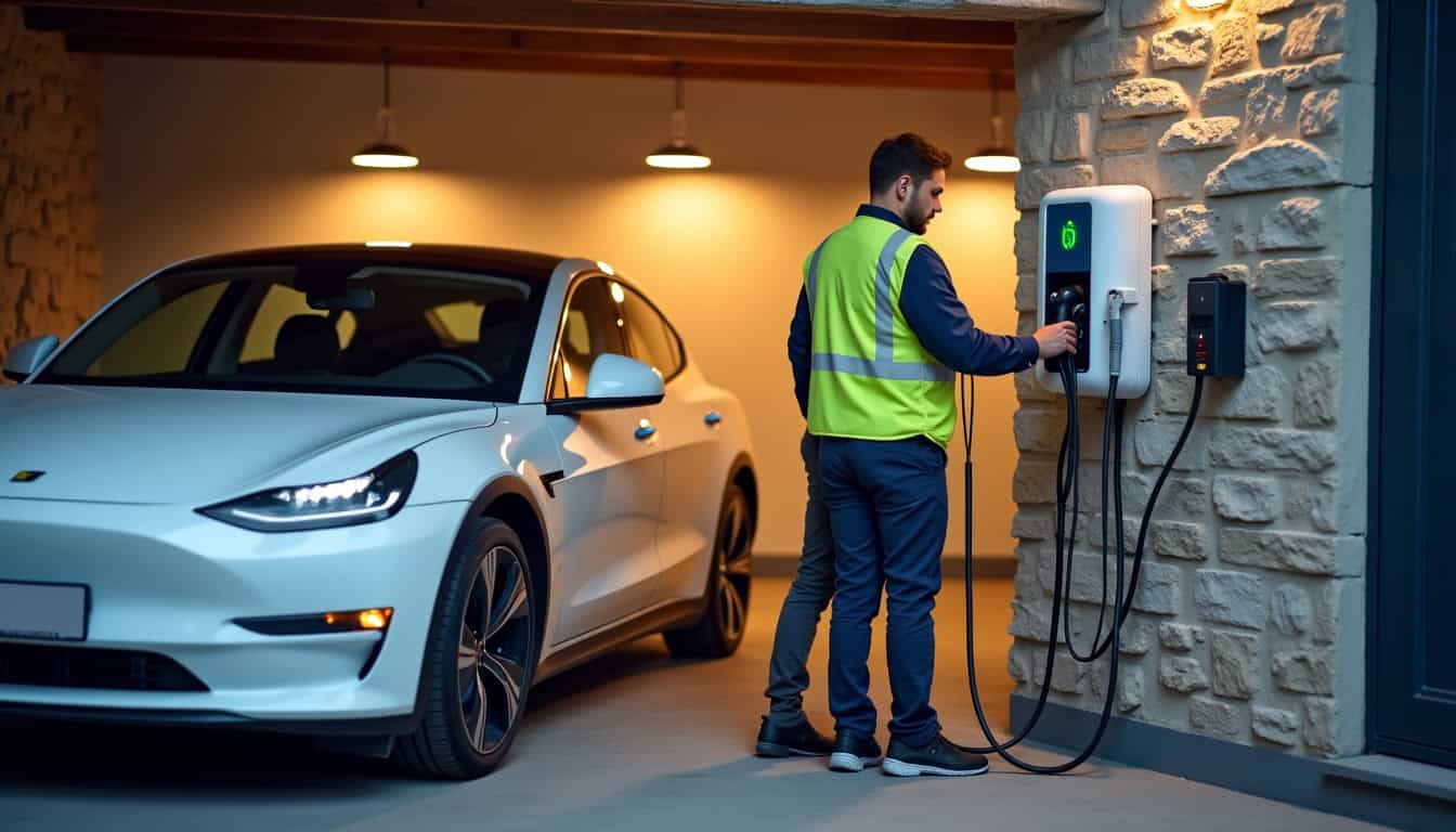 Un installateur certifié IRVE en train d’installer une borne de recharge dans un garage à Ploeren