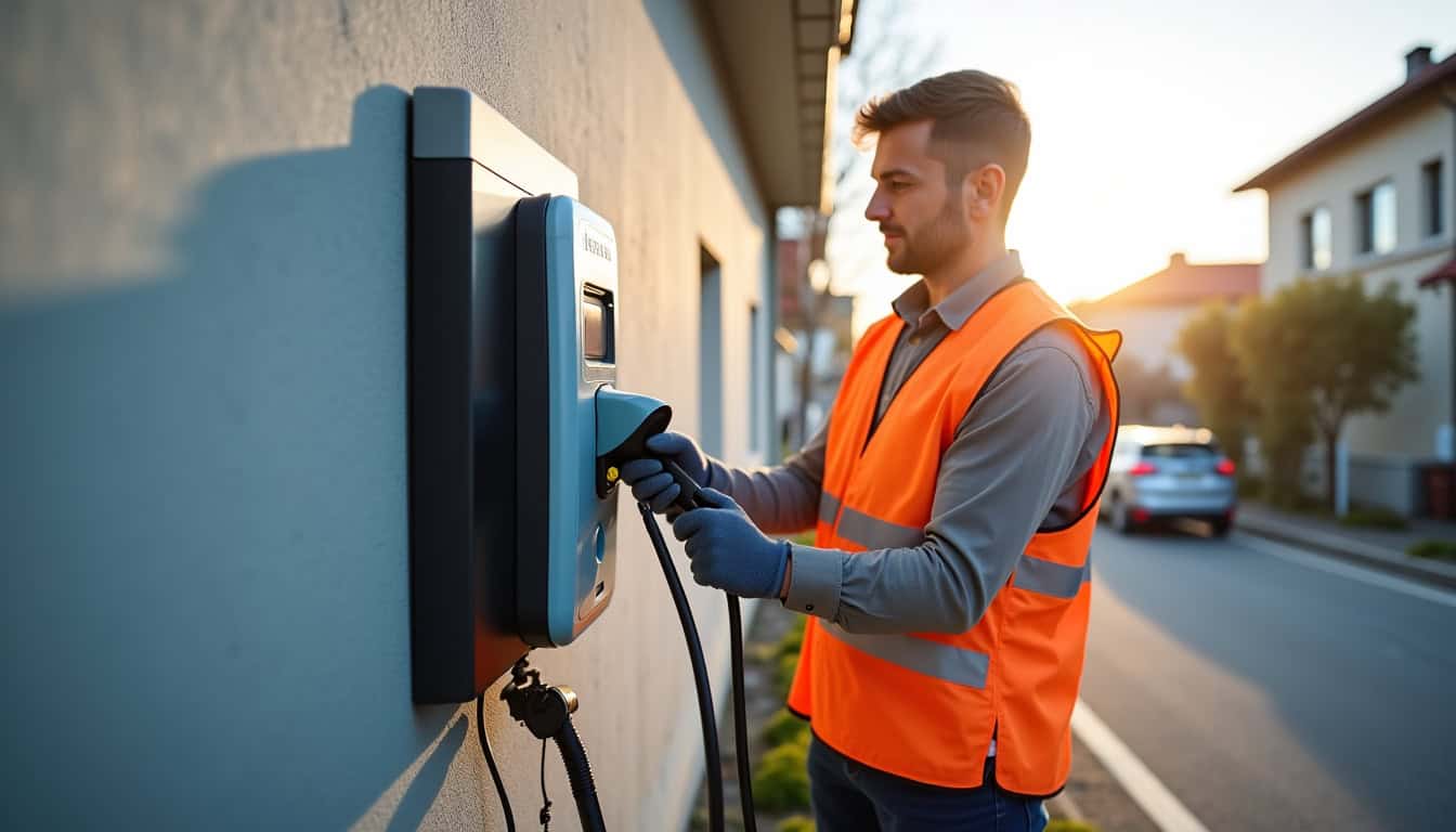 Un installateur IRVE en train de poser une borne de recharge à Guiclan