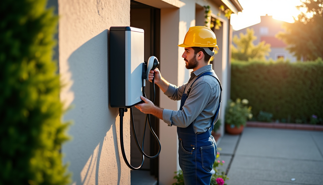 Un installateur professionnel en train de poser une borne de recharge électrique à Digosville