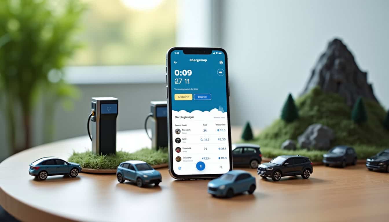 Utilisation de l’application Chargemap sur un smartphone, montrant la localisation des bornes de recharge à proximité du Plateau-des-Petites-Roches