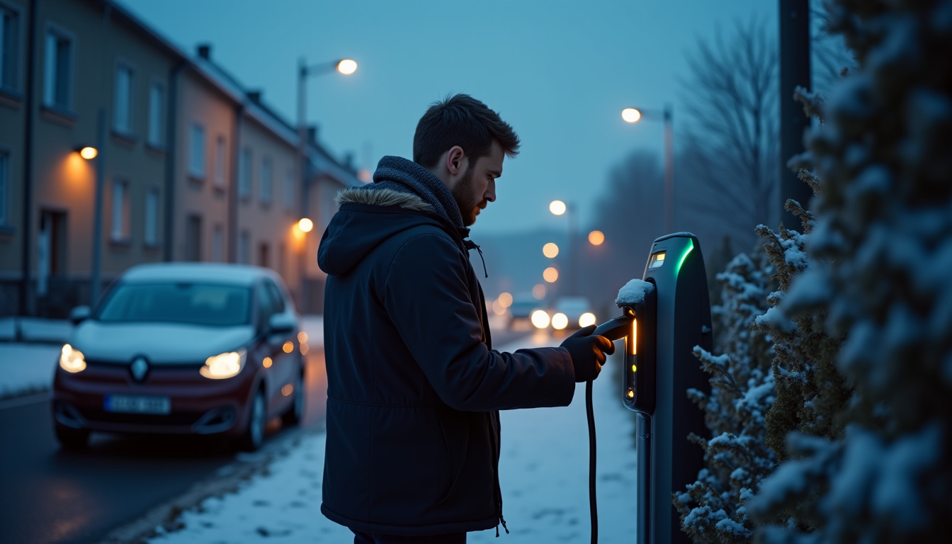 Utilisation d’une borne de recharge par un habitant de Cournon-d’Auvergne lors d’une soirée hivernale