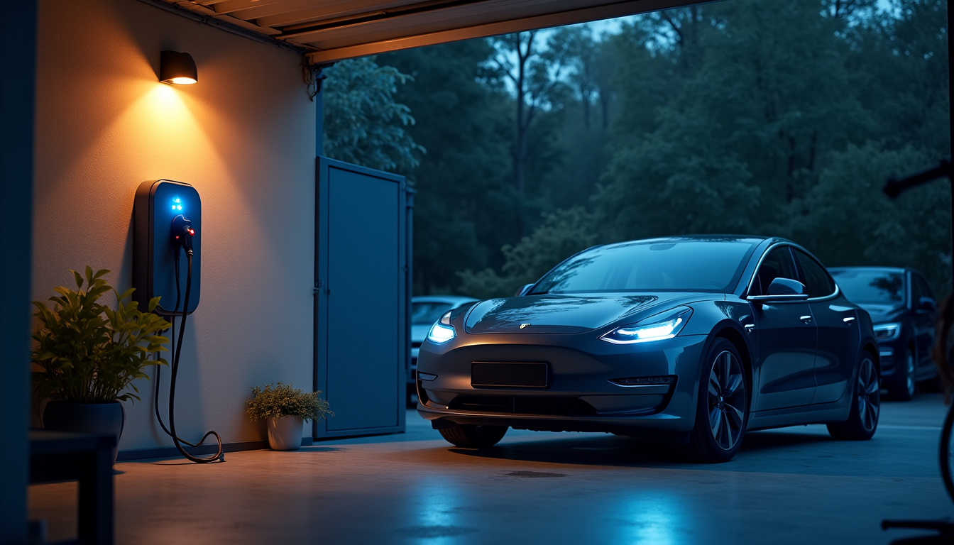 Véhicule électrique en charge pendant la nuit dans un garage à La Motte-d