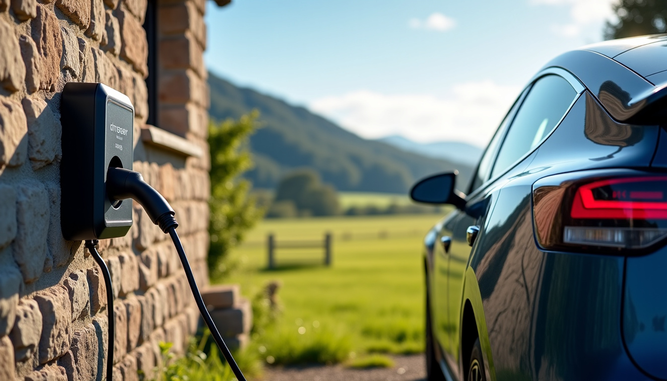 Véhicule électrique en train de recharger sur une borne installée devant une maison à Foncine-le-Haut, en milieu de journée