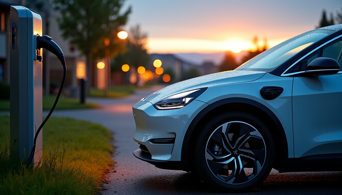 Voiture en charge sur une borne électrique à Le Perrey en soirée