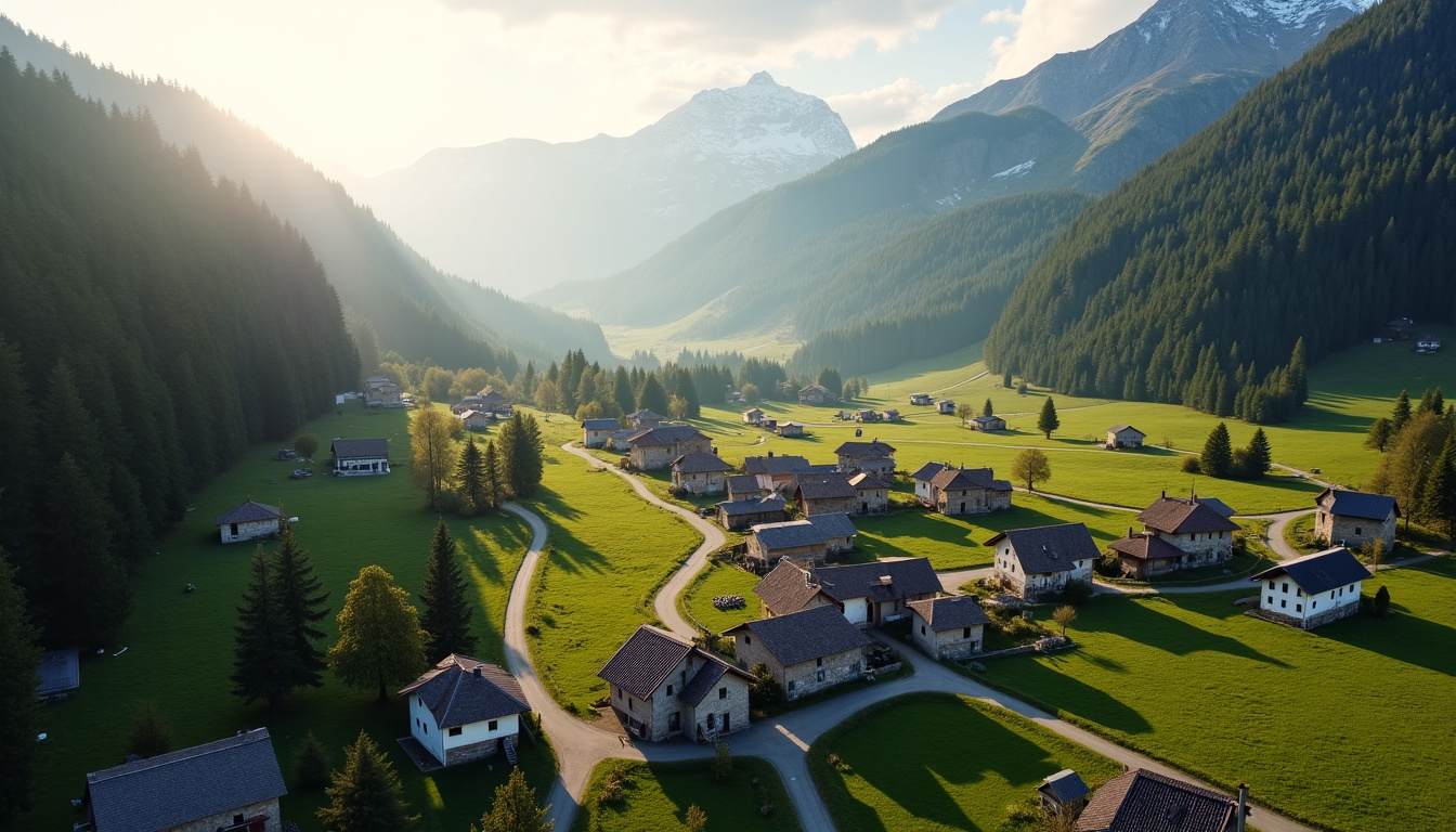 Vue aérienne du village de Peillonnex en montagne, montrant les habitations dispersées et l