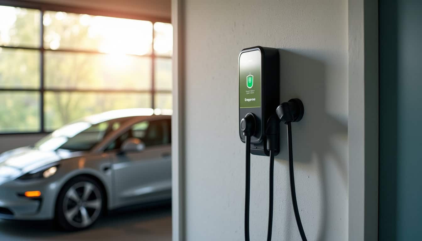 Borne de recharge connectée installée dans un garage à Saint-Agnant, avec affichage du niveau de charge