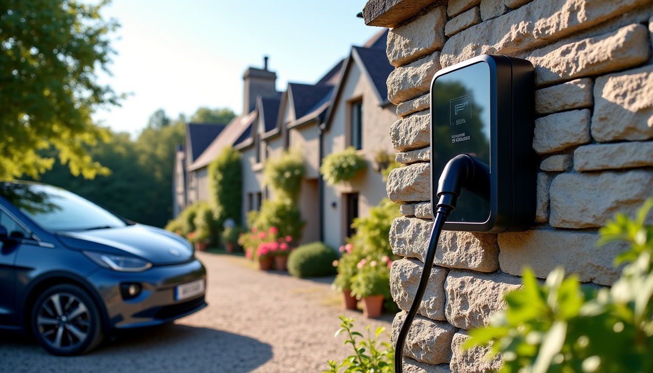 Borne de recharge domestique installée devant une maison à Pommerit-le-Vicomte