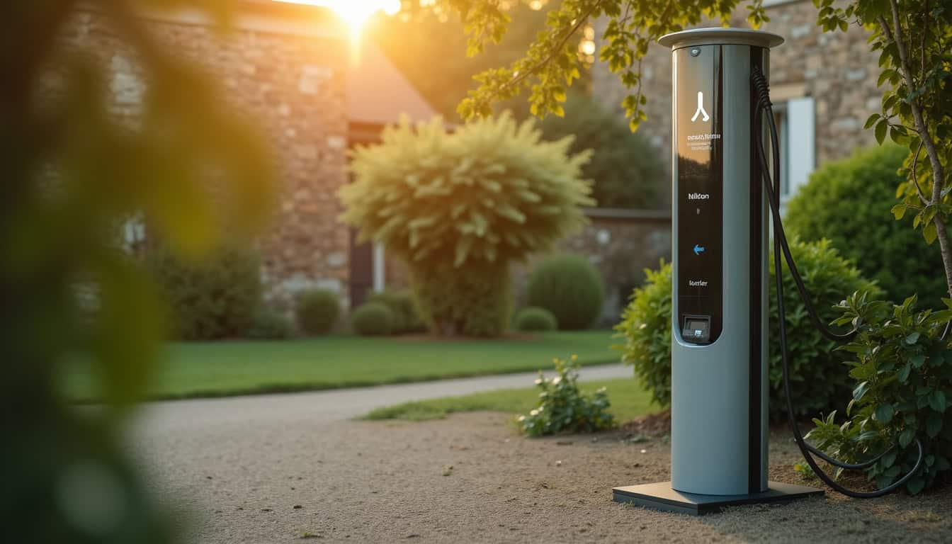 Borne de recharge e-totem installée devant une maison à Saint-Bonnet-le-Château