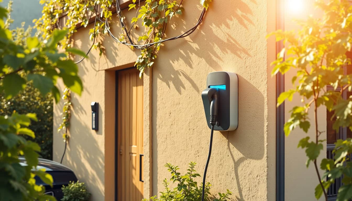 Borne de recharge électrique combinée à des panneaux solaires sur une maison à Eguisheim