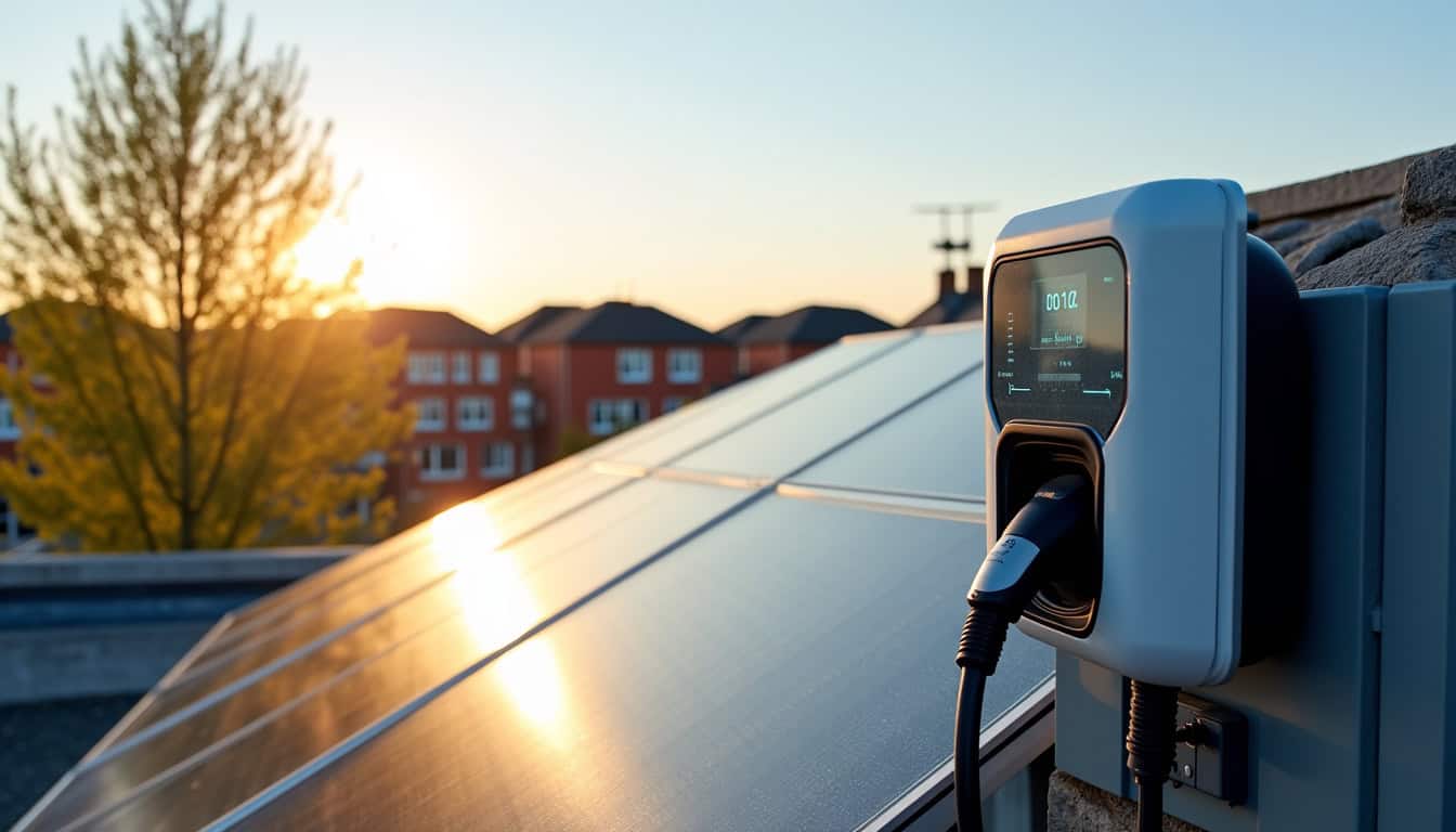 Borne de recharge électrique connectée à des panneaux solaires sur un toit à Marsac-sur-l’Isle