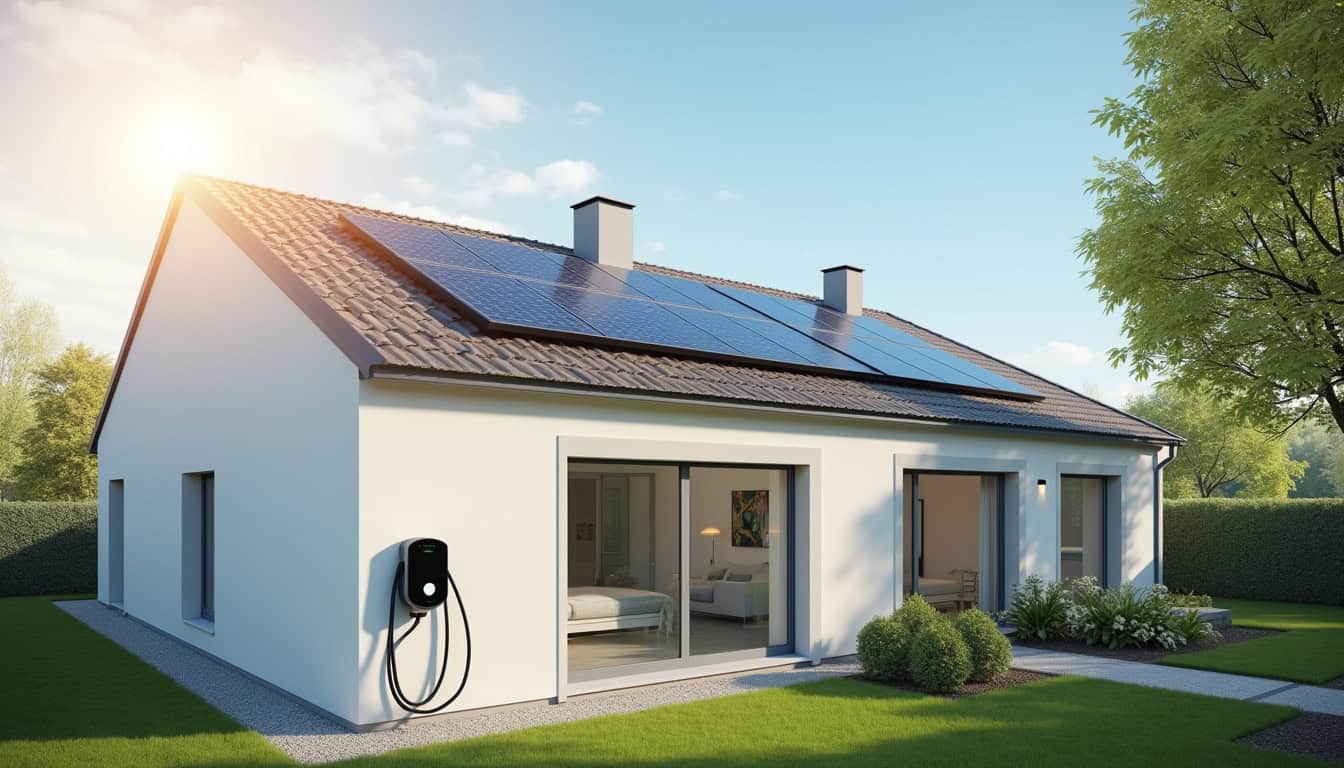 Borne de recharge électrique connectée à des panneaux solaires sur une maison à Billy-Berclau