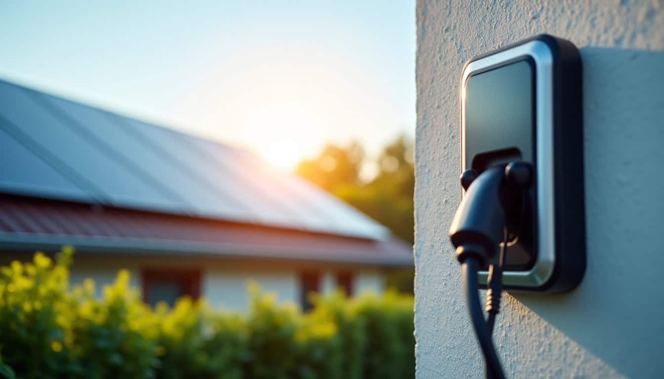 Borne de recharge électrique connectée à un système de panneaux solaires sur un toit à Beautheil-Saints