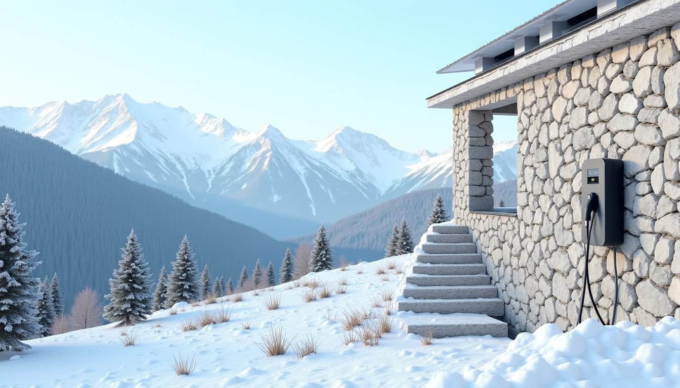 Borne de recharge électrique couplée à des panneaux solaires sur une maison en montagne