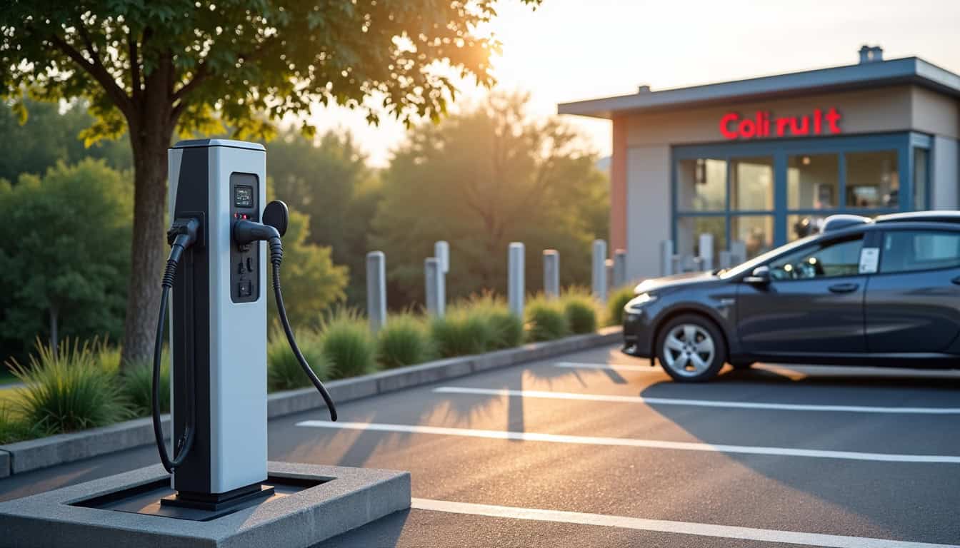 Borne de recharge électrique devant le supermarché Colruyt à Champagney