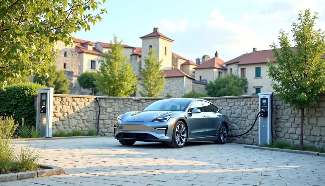 Borne de recharge électrique en extérieur à Semur-en-Auxois, vue de jour avec véhicule électrique en cours de charge
