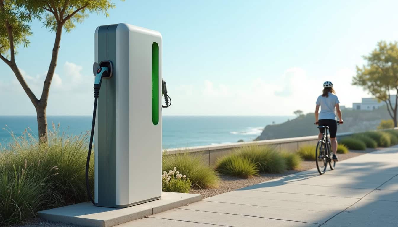 Borne de recharge électrique en libre-service installée en extérieur, près d