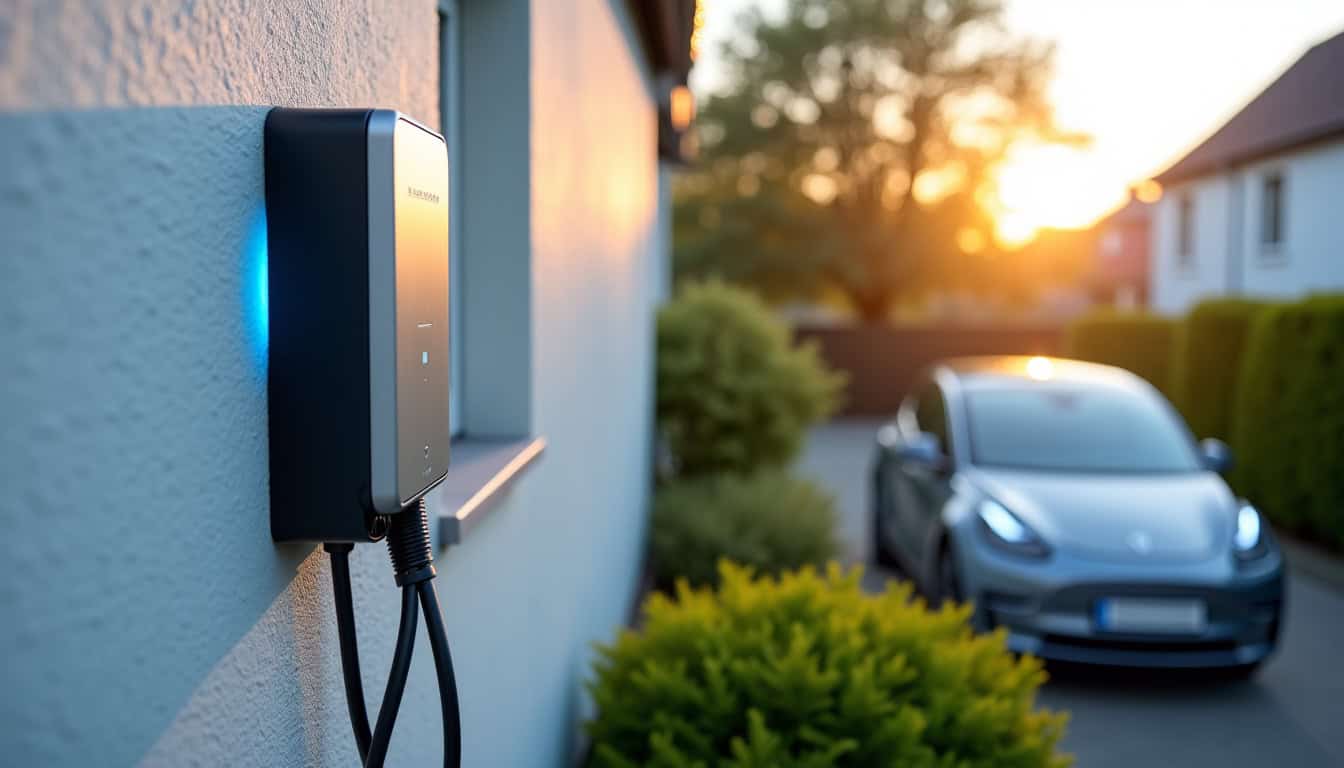 Borne de recharge électrique installée à domicile en plein jour, entourée d