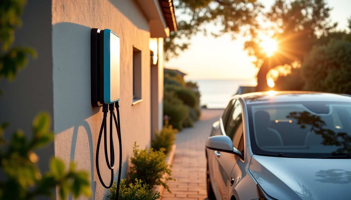 Borne de recharge électrique installée à l’extérieur d’une maison à Naujac-sur-Mer