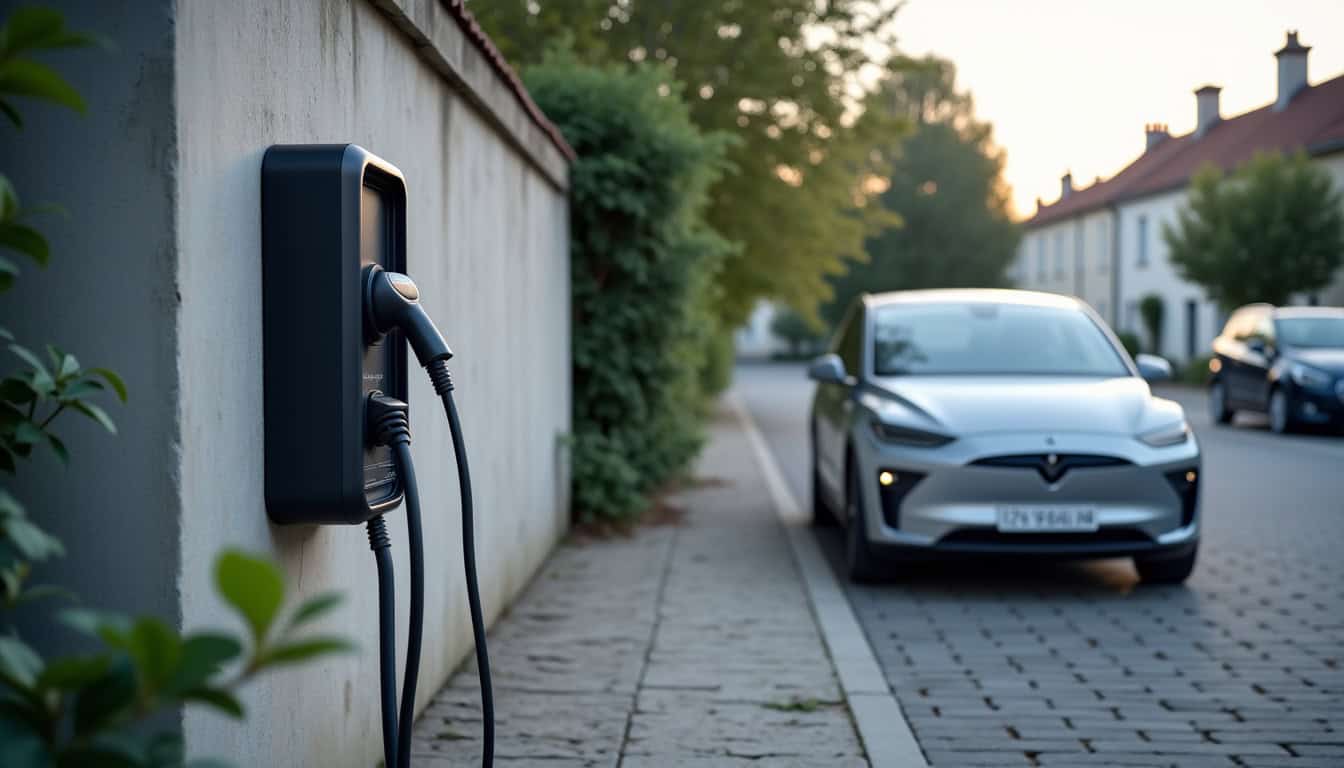 Borne de recharge électrique installée à l’extérieur en milieu urbain à Saint-Maurice-Montcouronne