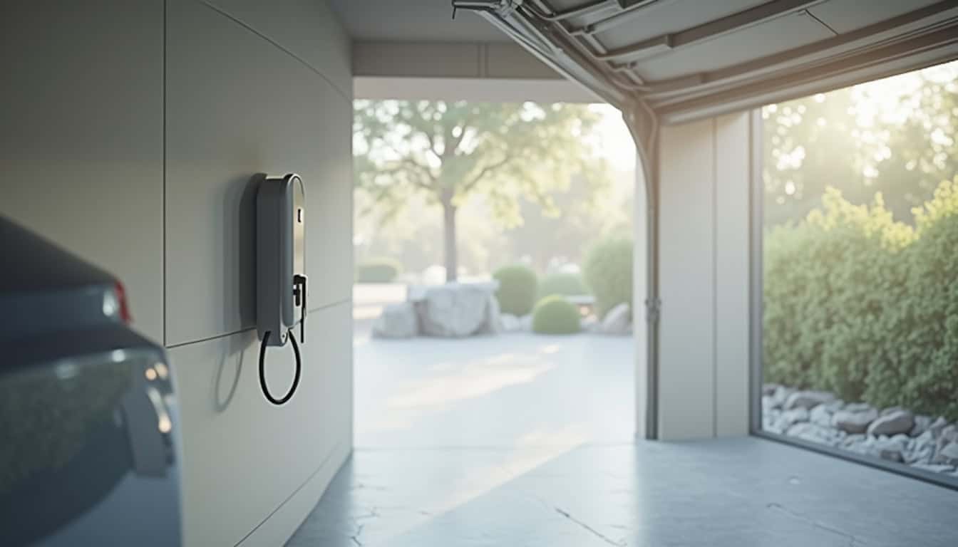 Borne de recharge électrique installée dans un garage à Alixan, avec câble branché sur un véhicule électrique