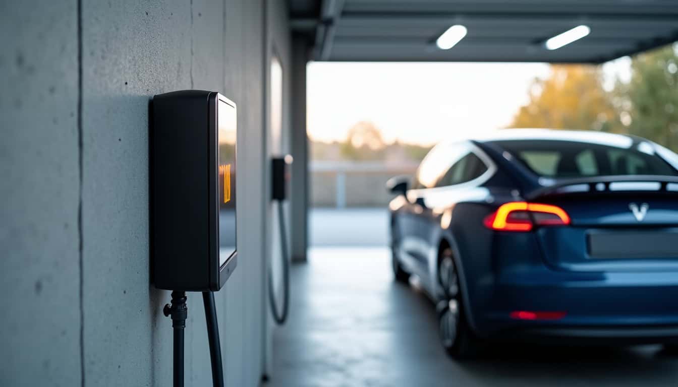 Borne de recharge électrique installée dans un garage à Couzon-au-Mont-d