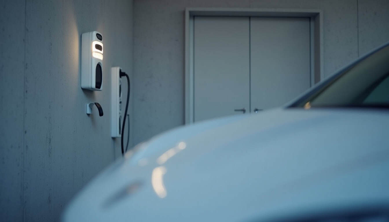 Borne de recharge électrique installée dans un garage privé, câble branché sur une voiture électrique