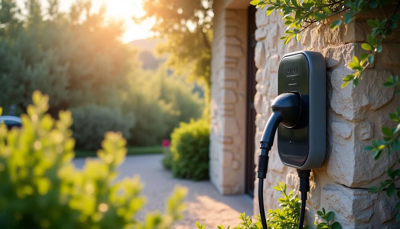 Borne de recharge électrique installée dans un jardin à Montferrat