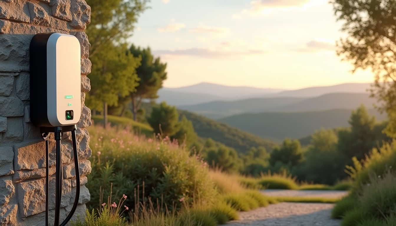 Borne de recharge électrique installée dans un jardin à Saint-Cézaire-sur-Siagne, vue extérieure sur un terrain vallonné
