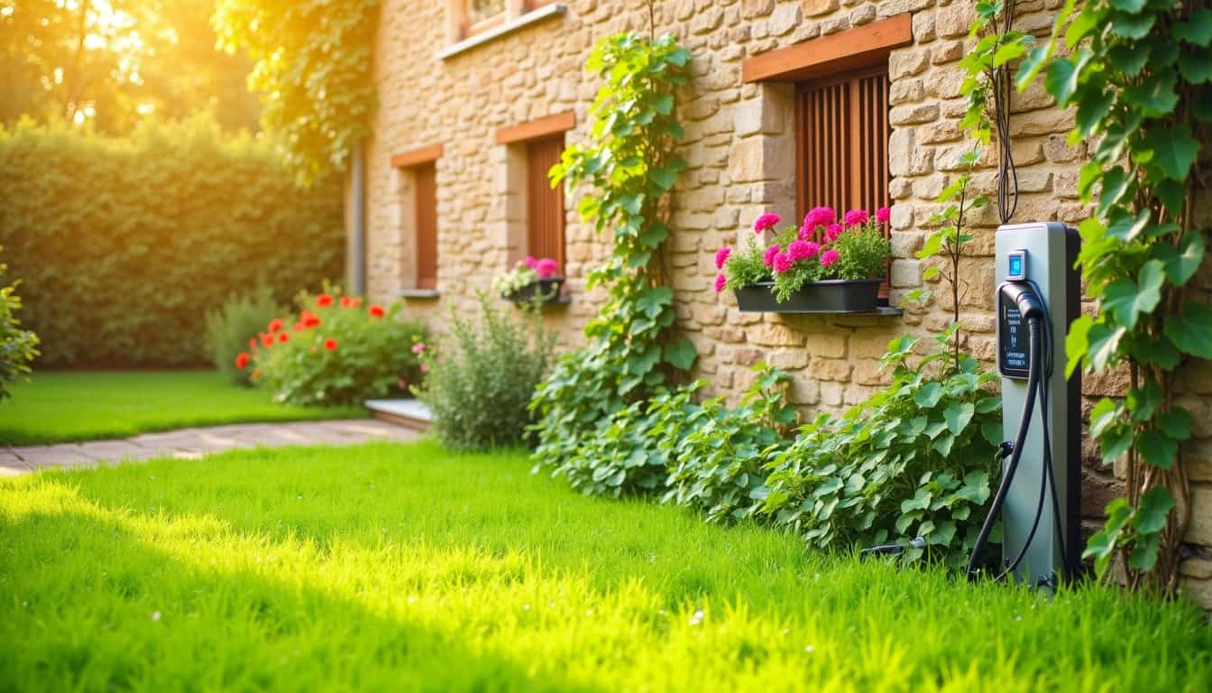 Borne de recharge électrique installée dans un jardin à Saint-Jean-de-Tholome, avec la façade d