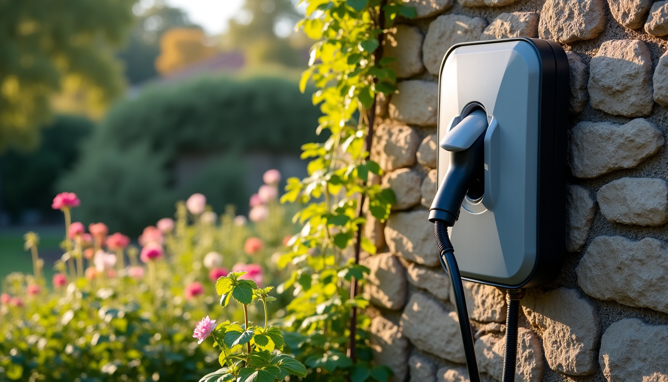 Borne de recharge électrique installée dans un jardin de maison à Les Billaux