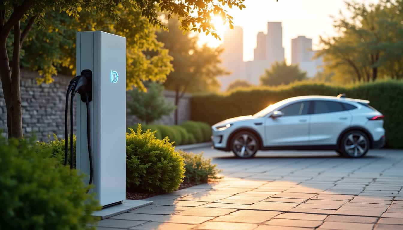 Borne de recharge électrique installée dans un jardin en zone urbaine