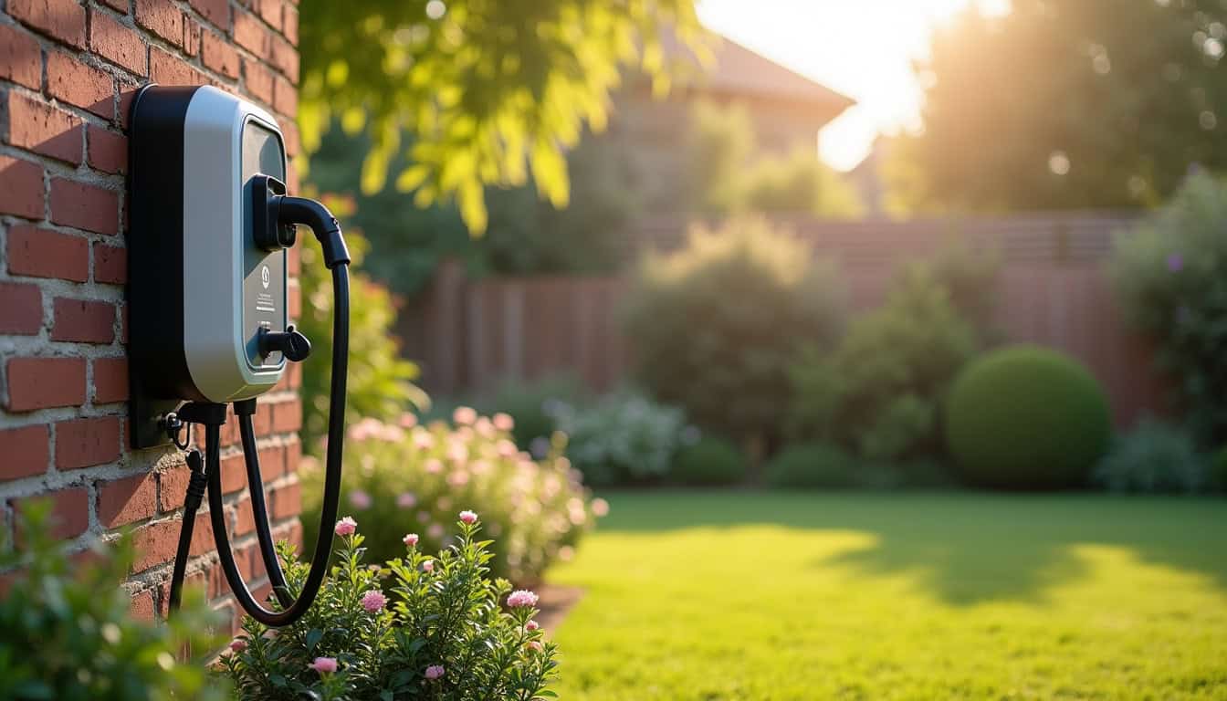 Borne de recharge électrique installée dans un jardin résidentiel à Toulouges
