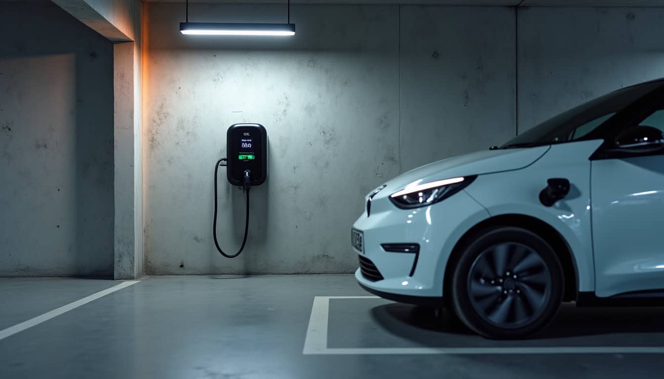 Borne de recharge électrique installée dans un parking de copropriété à Janville-sur-Juine