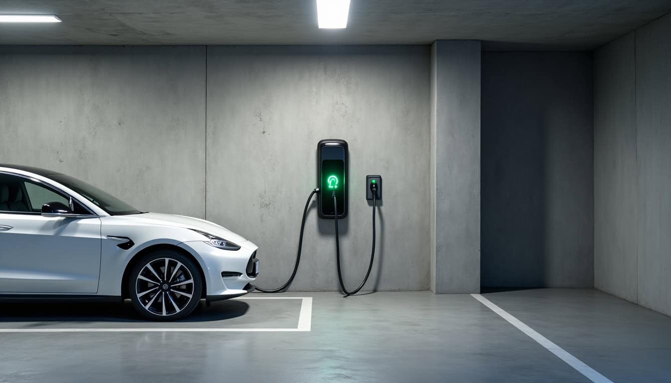 Borne de recharge électrique installée dans un parking de copropriété à La Brillanne