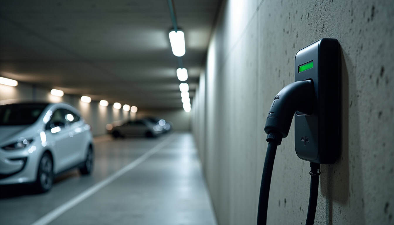 Borne de recharge électrique installée dans un parking de copropriété à Launaguet