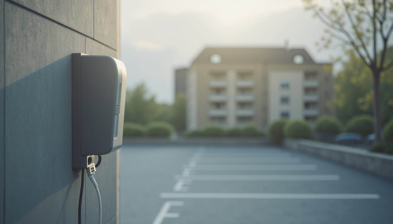 Borne de recharge électrique installée dans un parking privé à Guernes