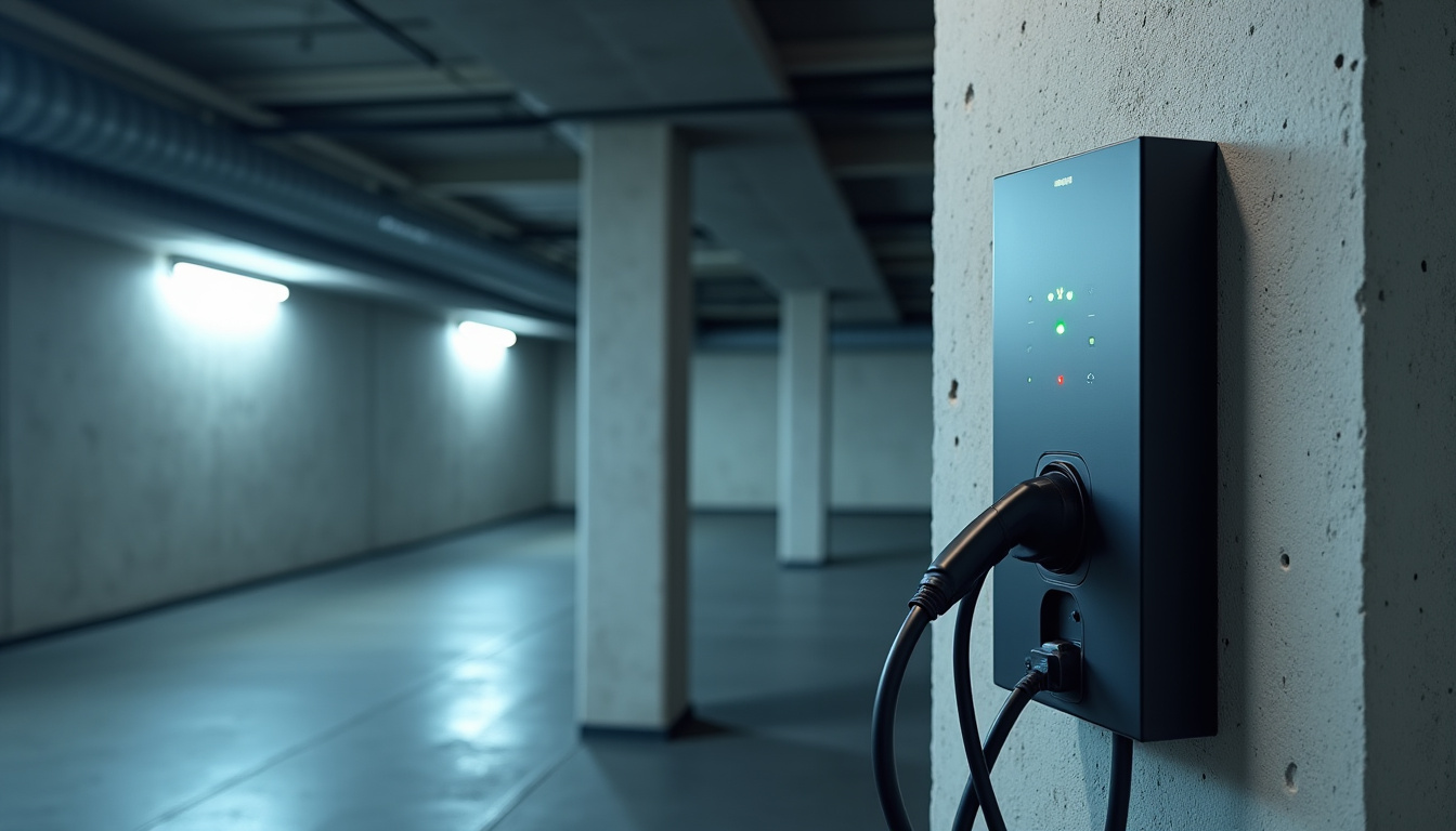 Borne de recharge électrique installée dans un parking professionnel à Étretat