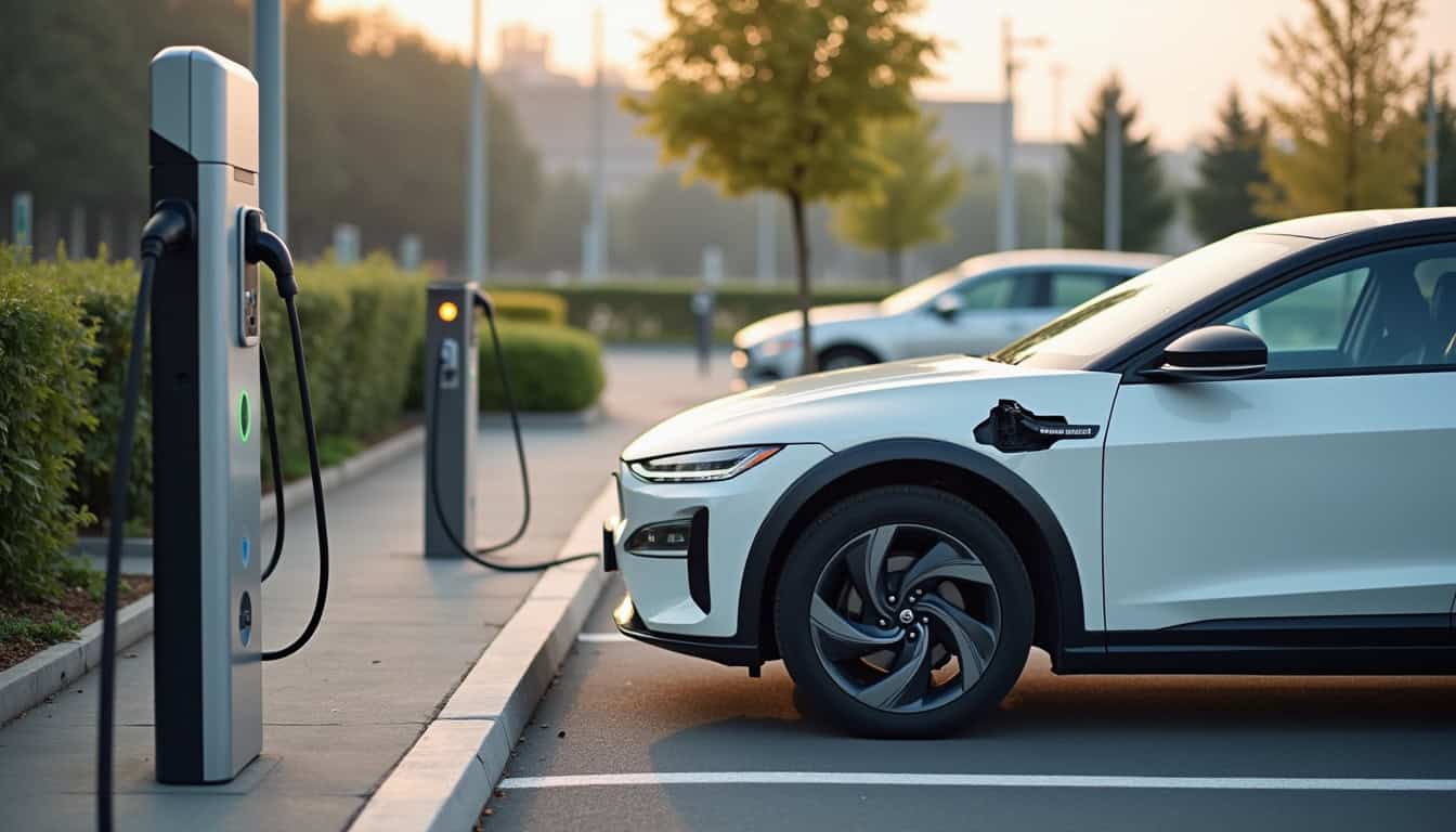 Borne de recharge électrique installée dans un parking public à Tence, avec véhicule en cours de recharge