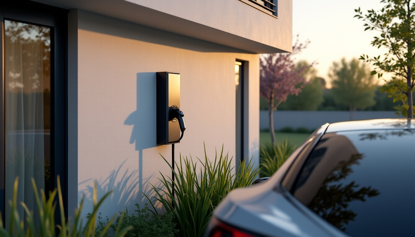Borne de recharge électrique installée dans une propriété à Chozeau, vue extérieure du boîtier au mur