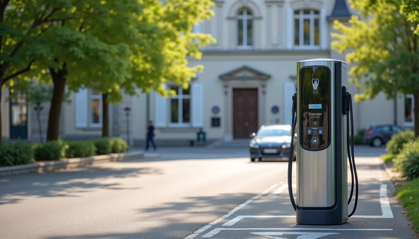 Borne de recharge électrique installée devant la mairie de Montbronn, rue de Bitche