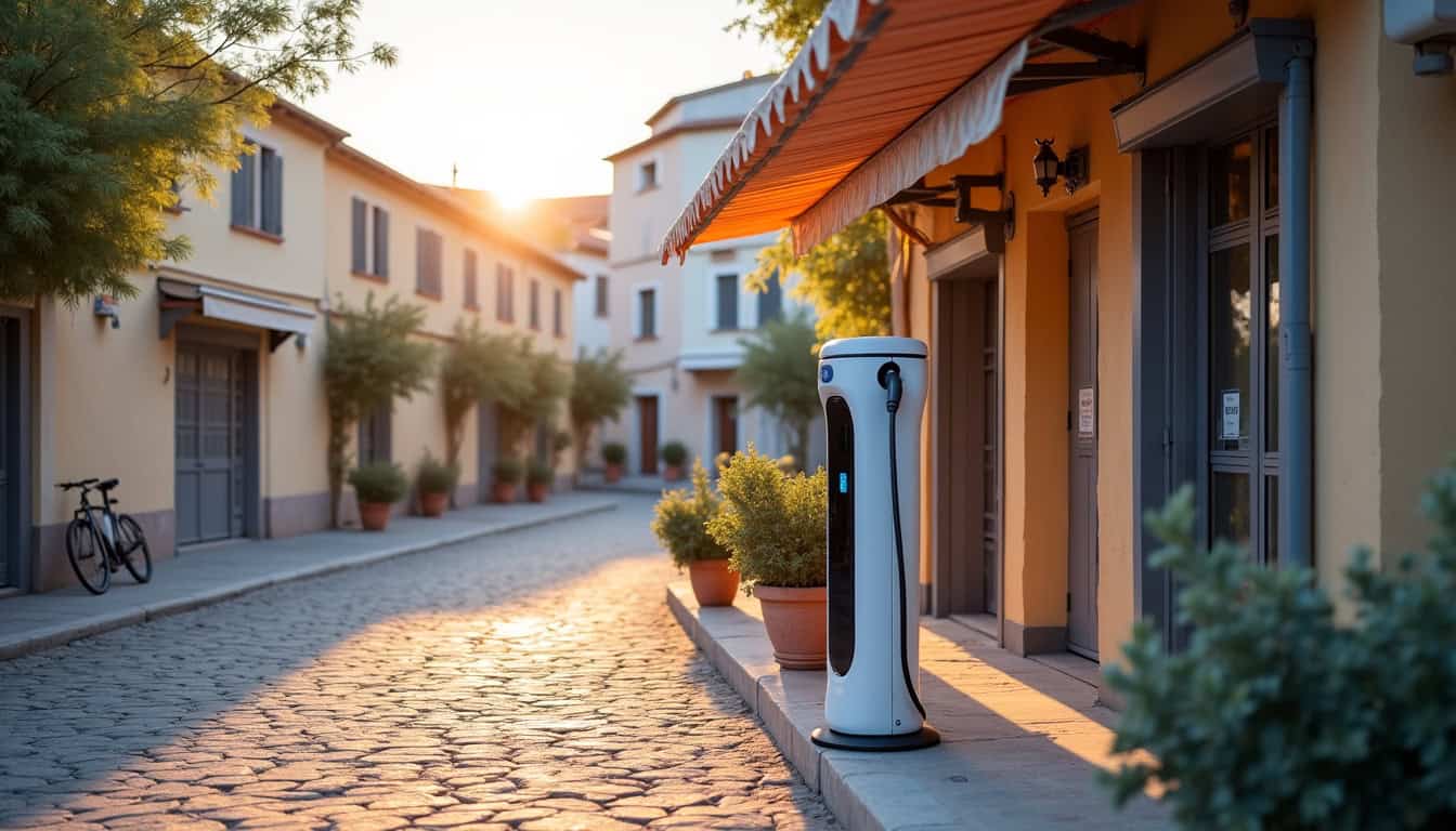 Borne de recharge électrique installée devant un commerçant à La Flotte, près d
