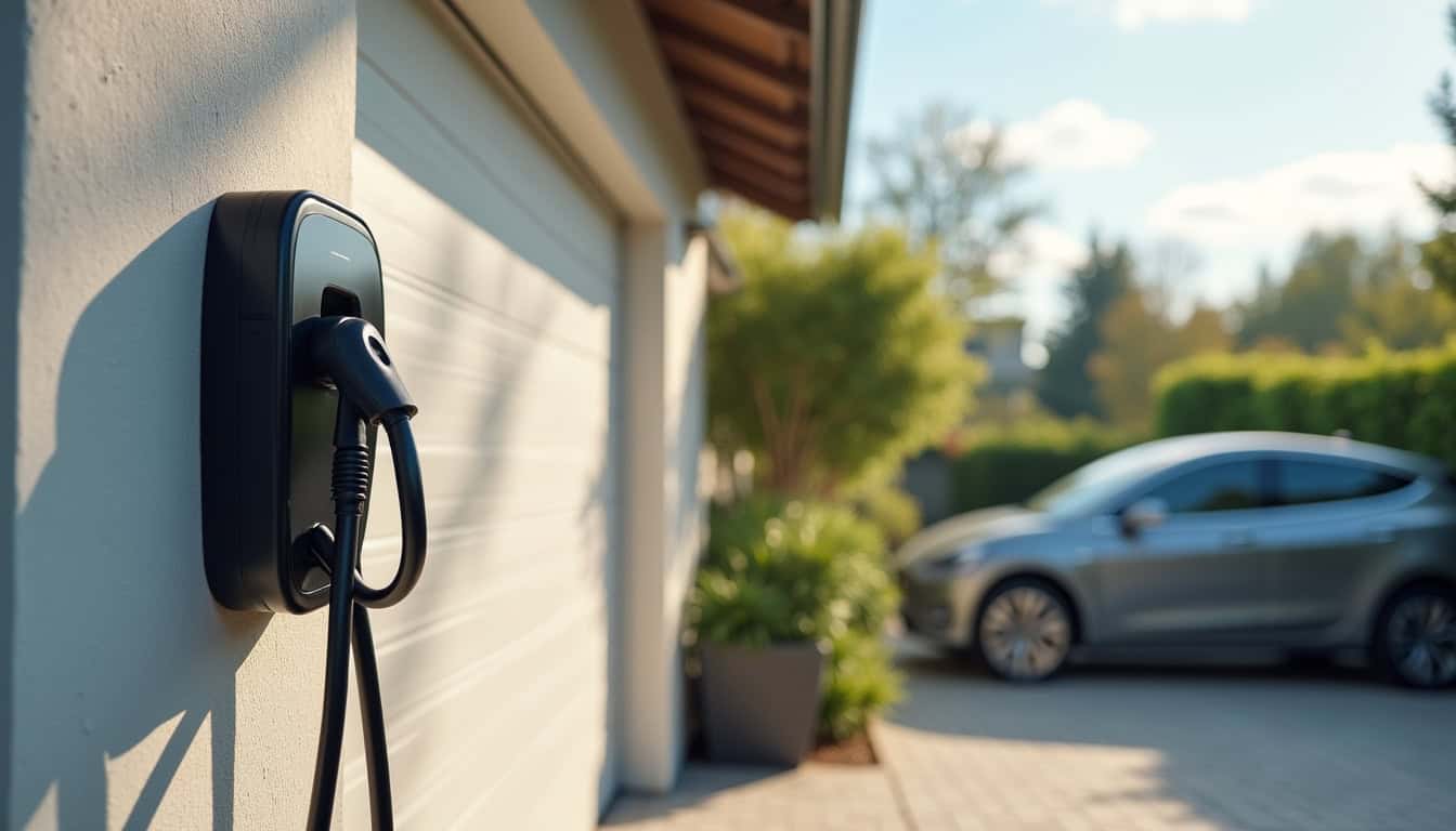 Borne de recharge électrique installée devant un garage en journée