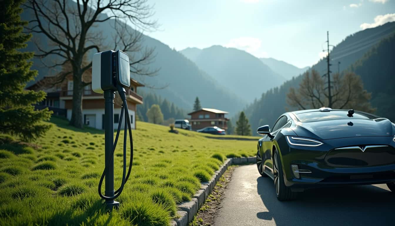 Borne de recharge électrique installée devant une maison à Abondance dans un cadre montagnard