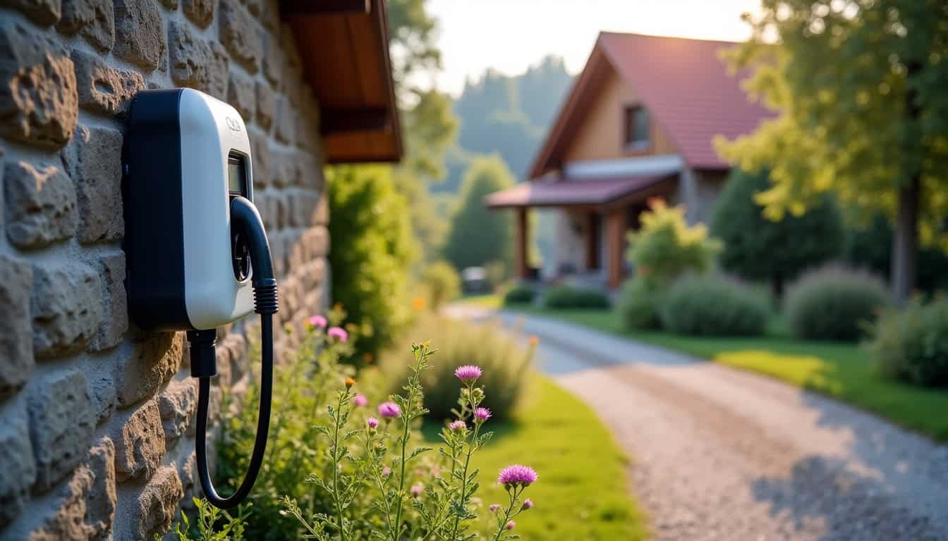 Borne de recharge électrique installée devant une maison à Berné, en milieu rural