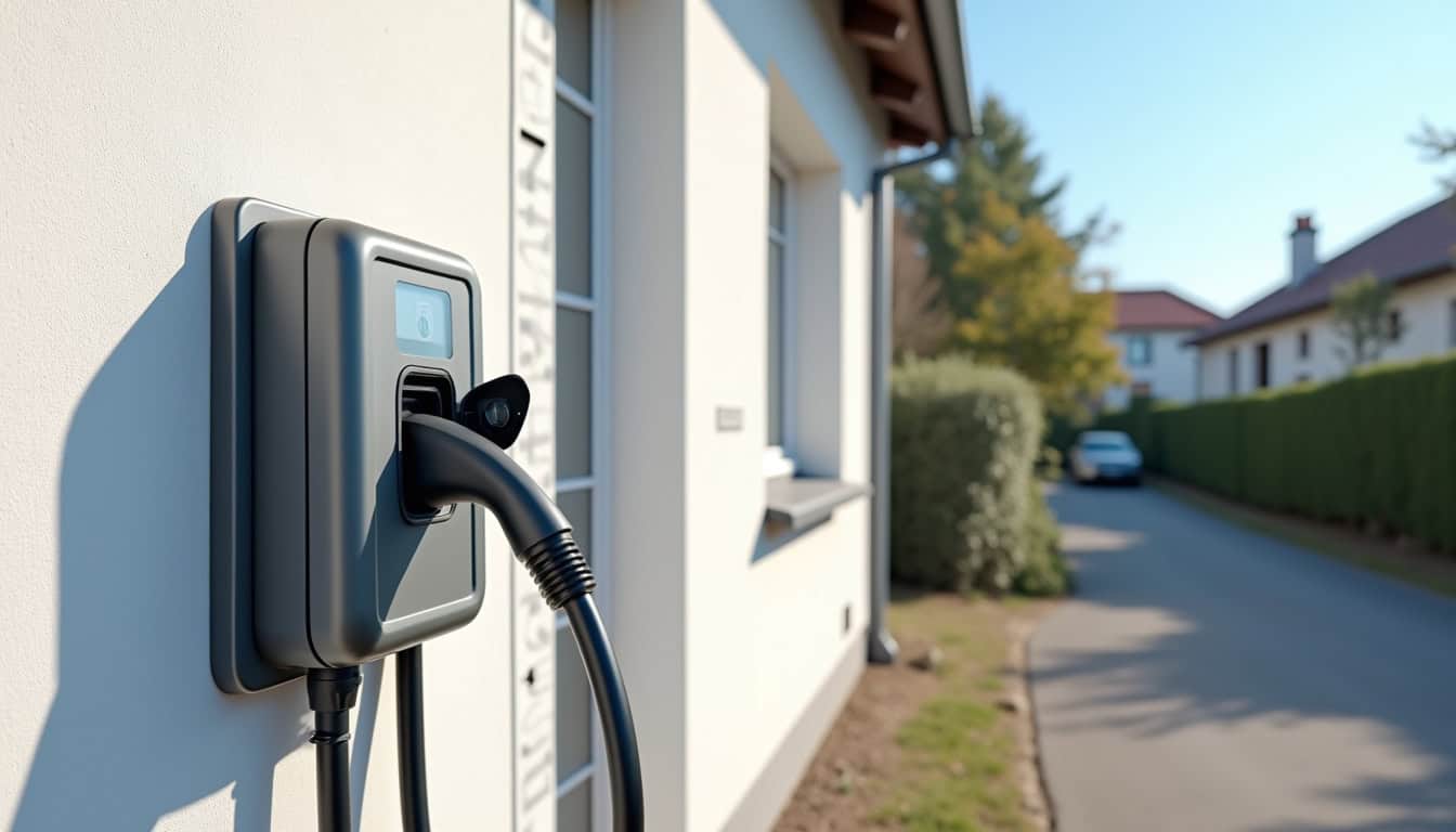 Borne de recharge électrique installée devant une maison à Billy-Berclau en plein jour