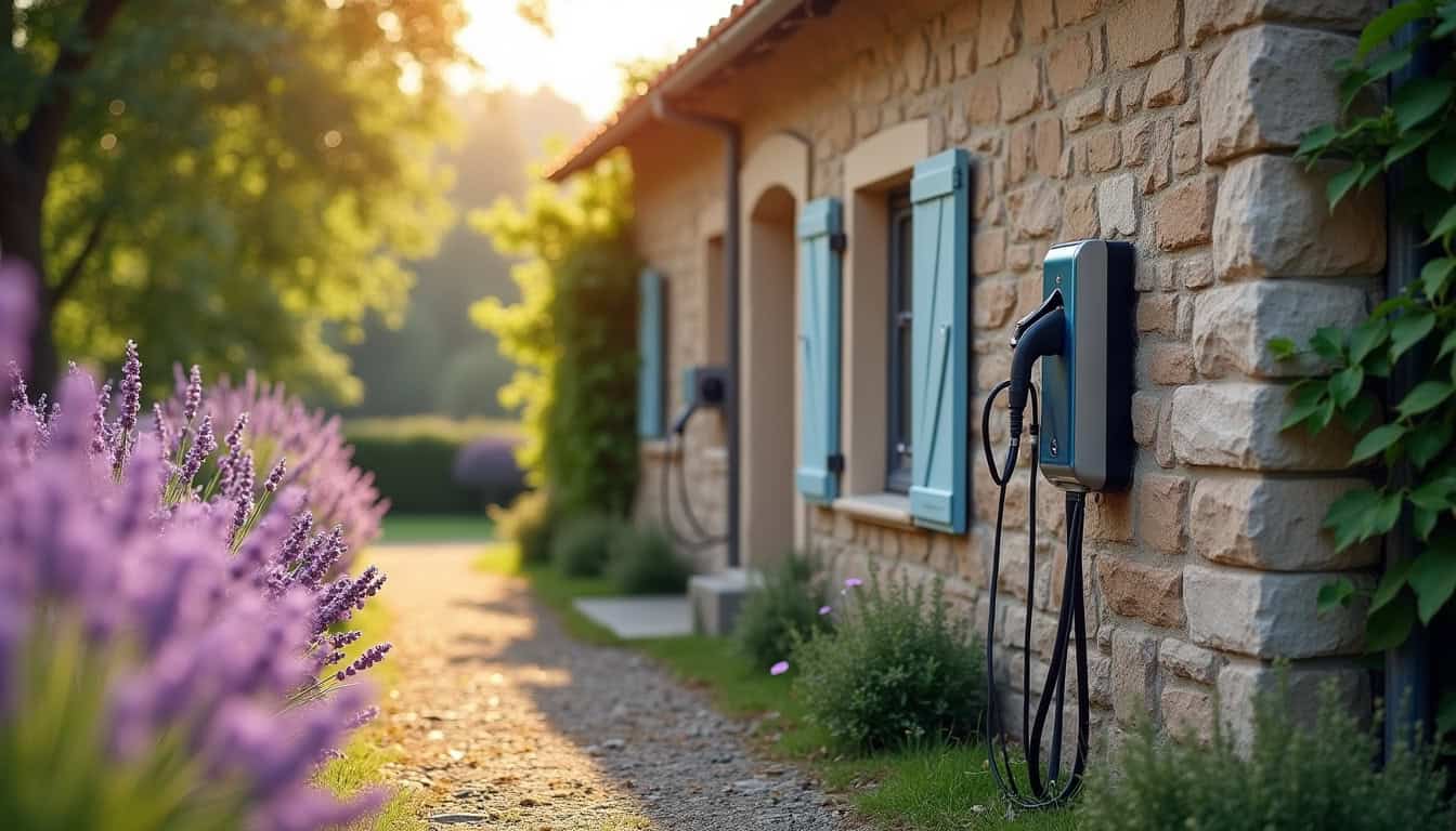 Borne de recharge électrique installée devant une maison à Brezolles