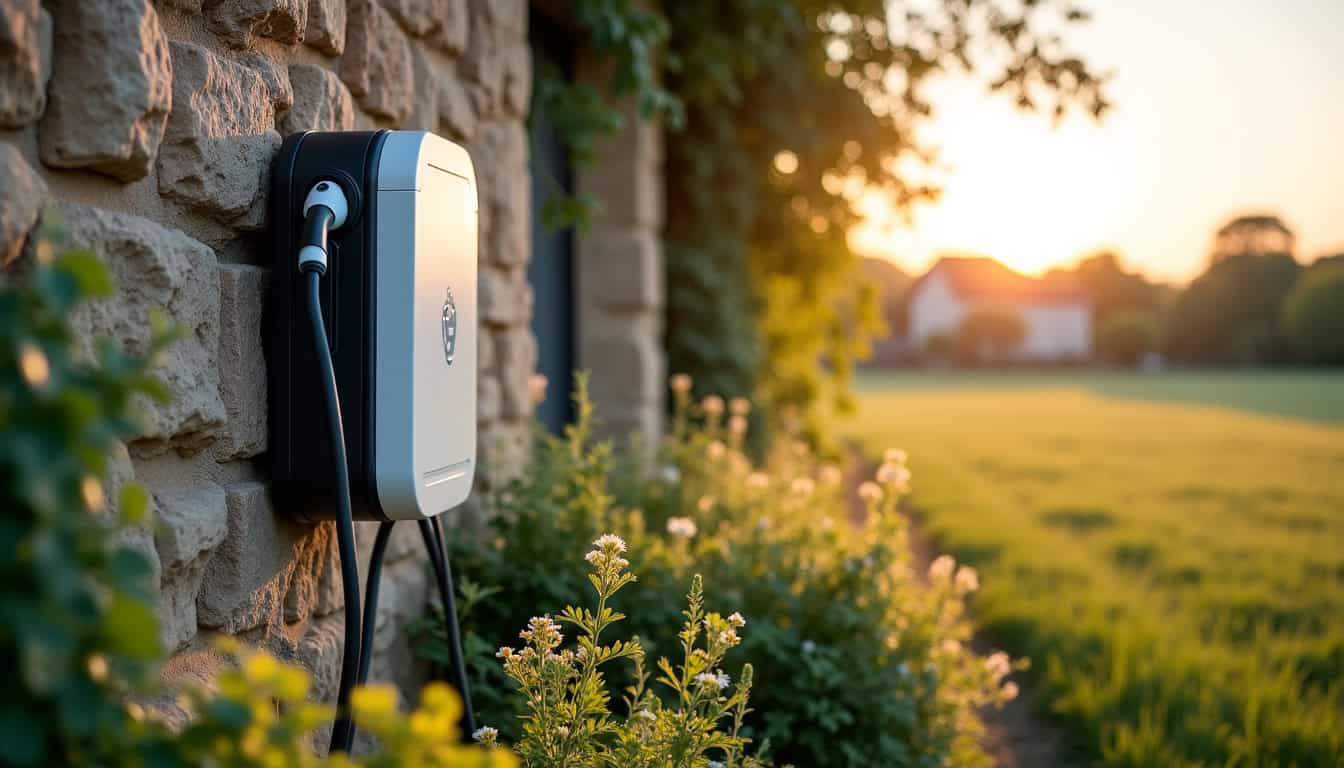 Borne de recharge électrique installée devant une maison à Gaillac-Toulza, en milieu rural avec végétation environnante