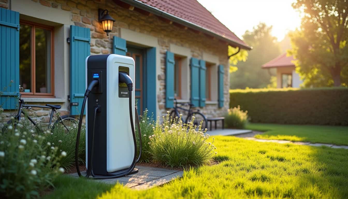 Borne de recharge électrique installée devant une maison à La Plaine-sur-Mer