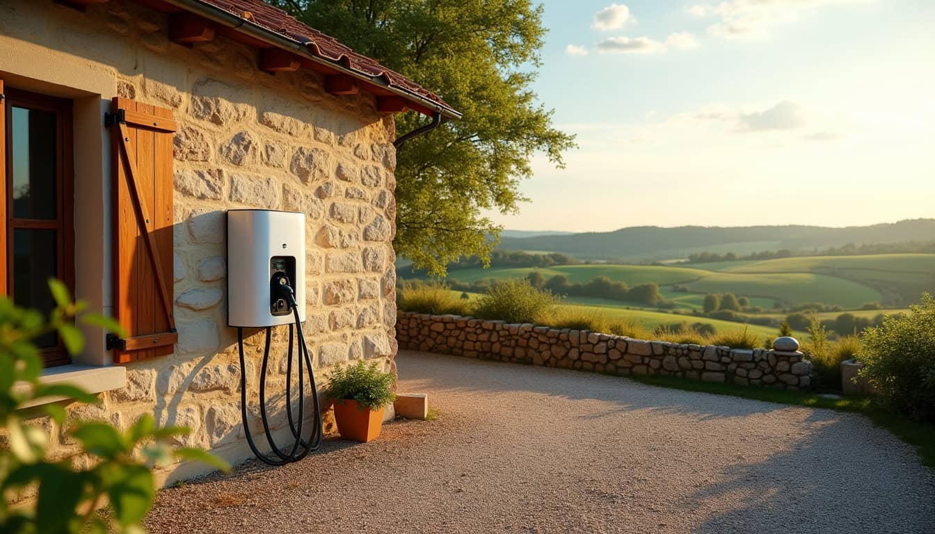 Borne de recharge électrique installée devant une maison typique du Lot, en milieu rural